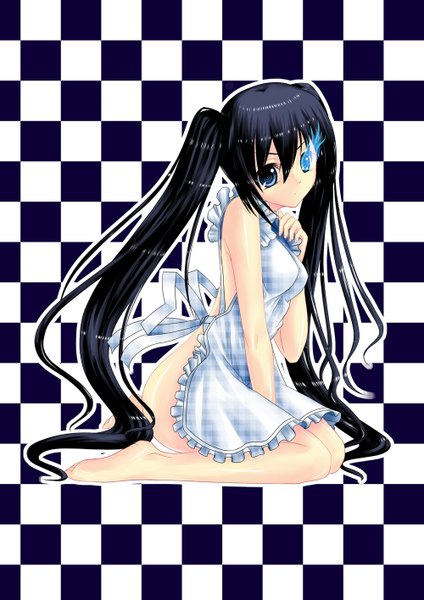 Anime picture 1000x1415 with black rock shooter black rock shooter (character) mizutsuki rei single long hair tall image blue eyes light erotic black hair twintails very long hair glowing glowing eye (eyes) checkered background naked apron girl