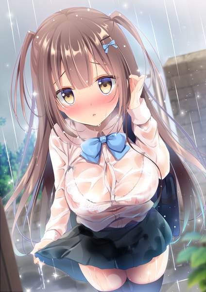 Anime picture 700x990 with original shibainu niki single long hair tall image looking at viewer blush fringe breasts open mouth light erotic hair between eyes brown hair large breasts standing yellow eyes payot sky outdoors long sleeves