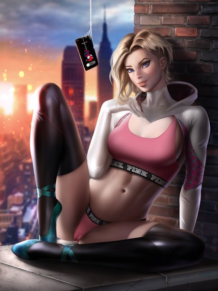Anime picture 3000x4000 with marvel comics spider-man (series) spider-man: into the spider-verse gwen stacy spider-gwen ayyasap single tall image looking at viewer blush highres short hair breasts blue eyes light erotic blonde hair smile sitting sky cloud (clouds)