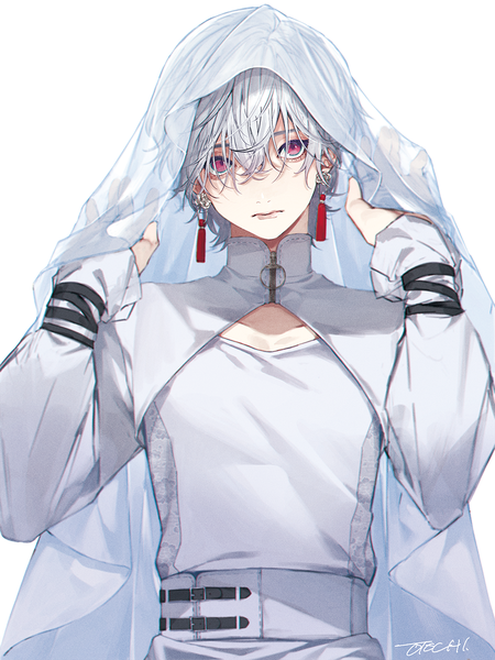 Anime picture 1000x1333 with original otochi single tall image looking at viewer fringe short hair simple background hair between eyes white background signed silver hair upper body long sleeves pink eyes sleeves past wrists boy earrings veil