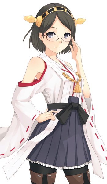Anime picture 700x1200 with kantai collection kirishima battleship he92 single tall image looking at viewer short hair breasts blue eyes black hair large breasts standing white background long sleeves nontraditional miko girl dress hair ornament glasses knee boots