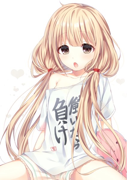 Anime picture 1000x1414 with idolmaster idolmaster cinderella girls futaba anzu ntk (7t5) single long hair tall image looking at viewer blush open mouth light erotic simple background blonde hair white background sitting twintails brown eyes ahoge blunt bangs off shoulder