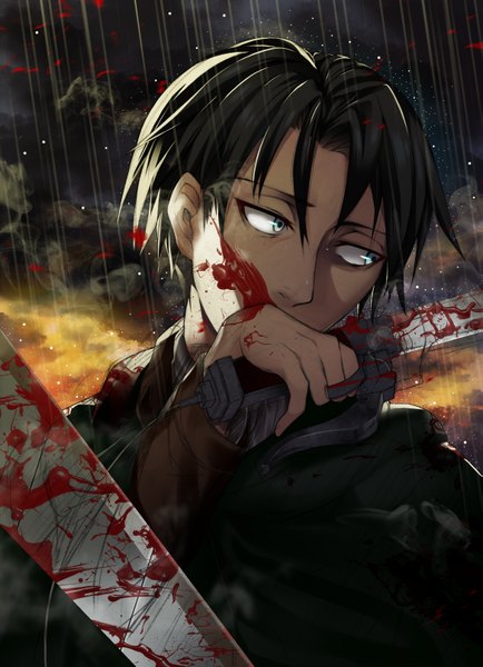 Anime picture 2333x3227 with shingeki no kyojin production i.g levi (rivaille) ebi clage single tall image highres short hair blue eyes black hair looking away sky portrait rain boy weapon sword blood