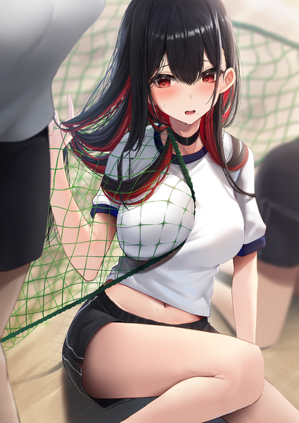 Anime picture 2508x3541 with original amane sora long hair tall image blush fringe highres breasts open mouth light erotic black hair hair between eyes red eyes large breasts looking away bent knee (knees) multicolored hair two-tone hair short sleeves midriff
