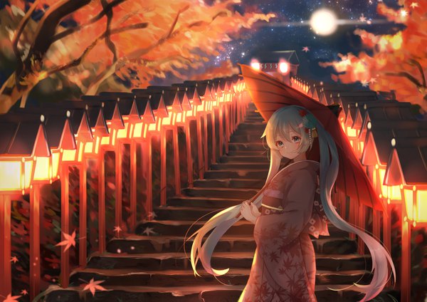 Anime picture 1500x1061 with vocaloid hatsune miku otoufu (gotouhu) single long hair looking at viewer fringe blue eyes smile hair between eyes standing twintails holding outdoors traditional clothes japanese clothes aqua hair girl hair ornament plant (plants)