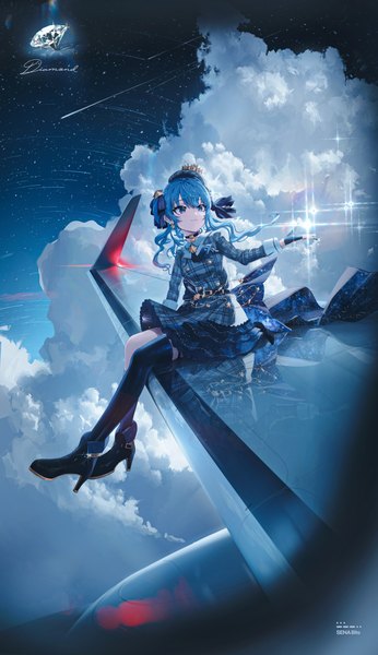 Anime picture 2825x4904 with virtual youtuber hololive hoshimachi suisei hoshimachi suisei (1st costume) sena 8ito single long hair tall image highres blue eyes sitting blue hair looking away sky cloud (clouds) full body sparkle high heels side ponytail reflection