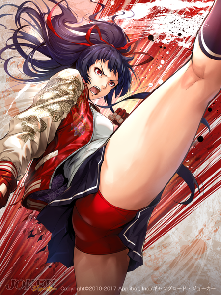 Anime picture 900x1200 with joker ~gang road~ shion tatara sakiyamama single long hair tall image fringe open mouth light erotic black hair red eyes looking away ass ponytail pleated skirt open jacket official art teeth from below copyright name