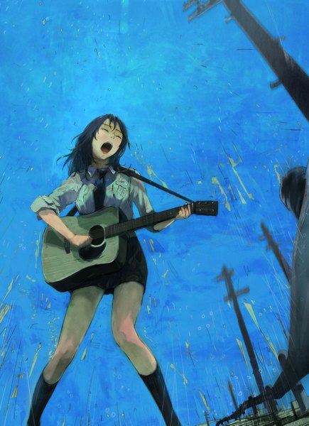 Anime picture 1600x2205 with original nimirom single tall image short hair open mouth black hair eyes closed blue background singing girl socks black socks guitar
