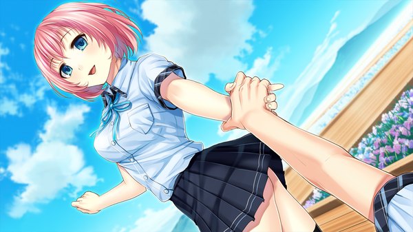Anime picture 1280x720 with ayame no machi to ohimesama kazuharu kina looking at viewer short hair breasts open mouth blue eyes smile wide image large breasts pink hair game cg sky cloud (clouds) looking back holding hands girl thighhighs boy skirt