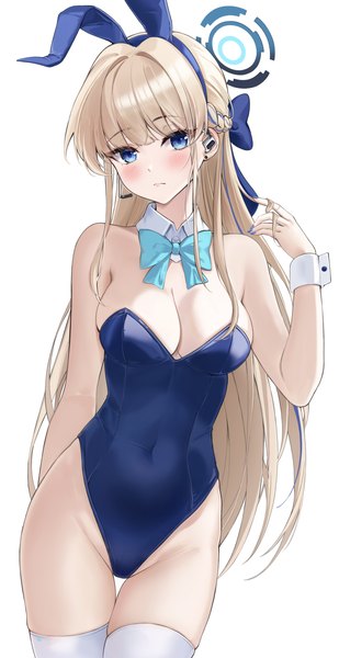 Anime picture 2284x4428 with blue archive toki (blue archive) toki (bunny) (blue archive) lebring single long hair tall image looking at viewer blush fringe highres breasts blue eyes light erotic simple background blonde hair large breasts white background bare shoulders animal ears