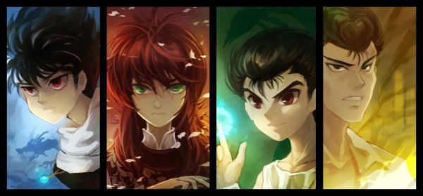 Anime picture 1200x558 with yu yu hakusho kurama hiei jaganshi urameshi yuusuke kuwabara kazuma huazha01 looking at viewer short hair black hair red eyes brown hair wide image green eyes red hair multiple boys multiview column lineup boy hairband 4 boys