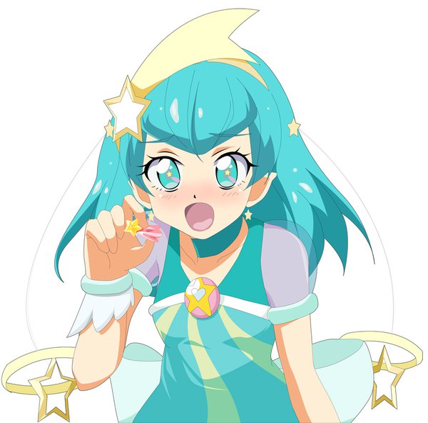 Anime picture 1000x988 with precure star twinkle precure toei animation hagoromo lala cure milky mistonn single long hair looking at viewer blush fringe open mouth simple background standing white background holding aqua eyes aqua hair short sleeves symbol-shaped pupils