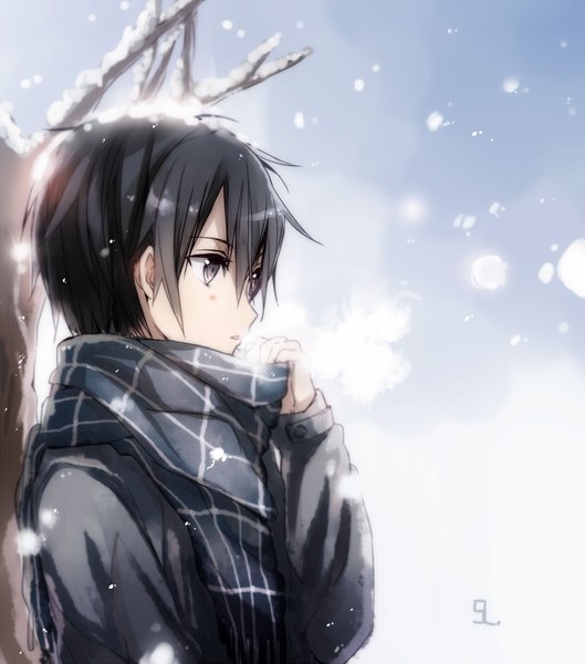 Anime picture 882x1000 with sword art online a-1 pictures kirigaya kazuto jianmo sl single tall image blush short hair black hair signed profile black eyes snowing winter snow exhalation cold boy plant (plants) tree (trees)