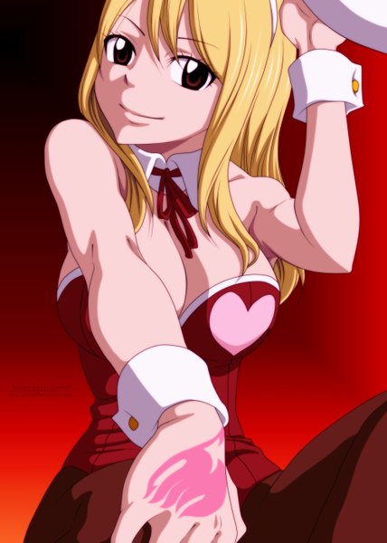 Anime picture 2000x2805 with fairy tail lucy heartfilia lanessa29 single long hair tall image highres breasts light erotic blonde hair smile large breasts brown eyes animal ears tattoo bunny ears coloring bunny girl red background girl