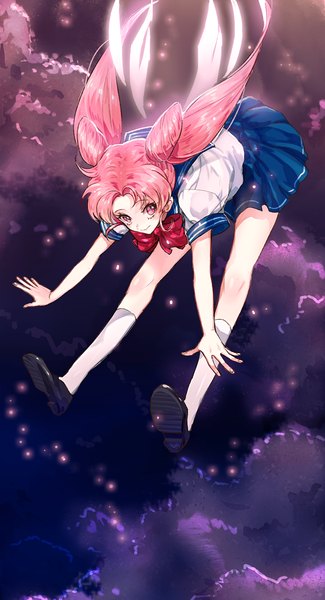 Anime picture 700x1292 with bishoujo senshi sailor moon toei animation chibiusa ahma single long hair tall image looking at viewer smile twintails pink hair sky cloud (clouds) full body pleated skirt pink eyes hair bun (hair buns) flying falling girl