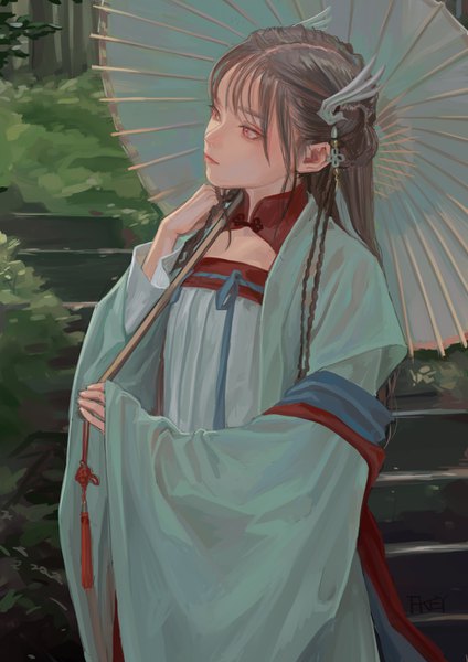Anime picture 1000x1414 with original fkey single long hair tall image fringe standing holding signed looking away outdoors traditional clothes head tilt pink eyes grey hair wide sleeves sleeves past wrists chinese clothes girl hair ornament