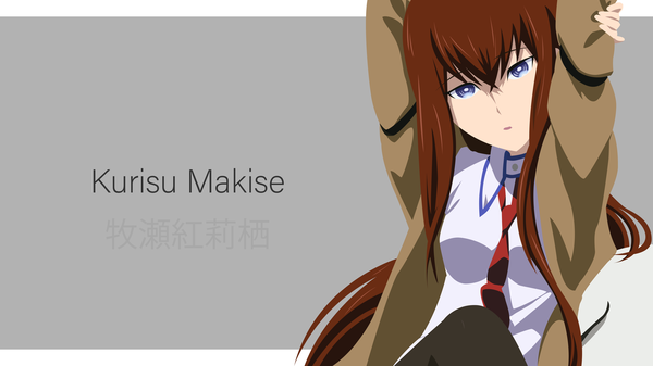 Anime picture 10240x5760 with steins;gate white fox makise kurisu laitofai single long hair looking at viewer fringe highres open mouth blue eyes simple background hair between eyes brown hair wide image payot absurdres upper body bent knee (knees) parted lips