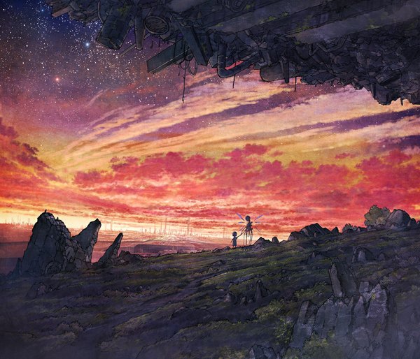 Anime picture 1047x898 with original cola (pixiv) sky cloud (clouds) from behind city landscape ruins wings star (stars) child (children) robot