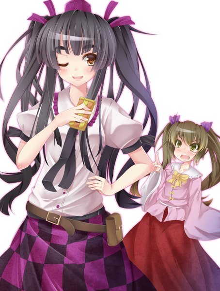 Anime picture 1135x1500 with touhou houraisan kaguya himekaidou hatate megawatt (artist) long hair tall image blush open mouth black hair simple background brown hair white background twintails multiple girls brown eyes yellow eyes one eye closed wink checkered skirt girl