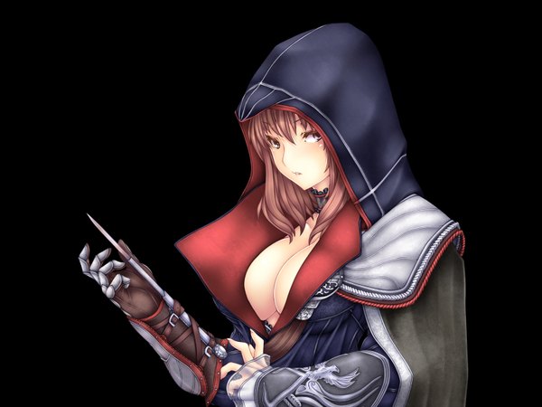 Anime picture 1600x1200 with assassin's creed (game) single breasts light erotic brown hair brown eyes black background girl gloves weapon armor hood cape cloak