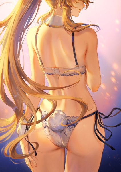 Anime picture 1592x2251 with fate (series) fate/grand order artoria pendragon (all) artoria pendragon (swimsuit ruler) (fate) mashuu (neko no oyashiro) single long hair tall image light erotic simple background blonde hair standing payot ass ponytail tail parted lips animal tail profile from behind