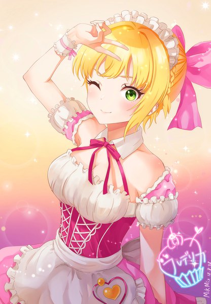 Anime picture 1200x1729 with idolmaster idolmaster cinderella girls miyamoto frederica mikmix single tall image looking at viewer blush fringe short hair breasts simple background blonde hair smile standing bare shoulders green eyes signed cleavage braid (braids)
