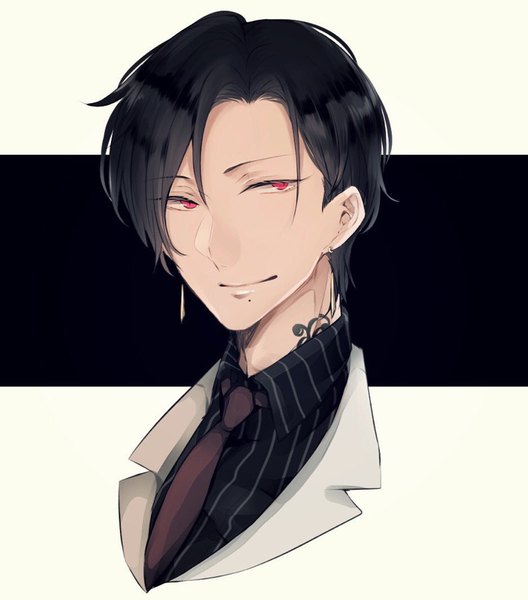 Anime picture 752x854 with original schwarz ashford zabeo0125 single tall image looking at viewer fringe short hair black hair simple background hair between eyes red eyes light smile mole tattoo portrait striped face mole under mouth boy