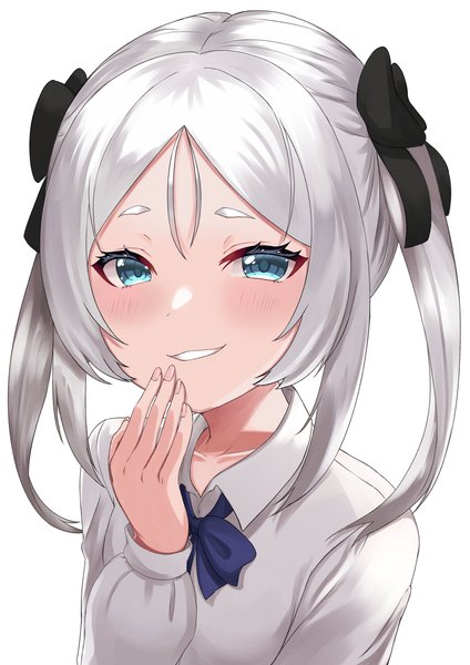 Anime picture 2894x4093 with virtual youtuber kometa virtual live virgil (kometa virtual live) lazycoffee26 single tall image looking at viewer blush highres short hair blue eyes simple background smile white background twintails upper body white hair parted lips arm up short twintails