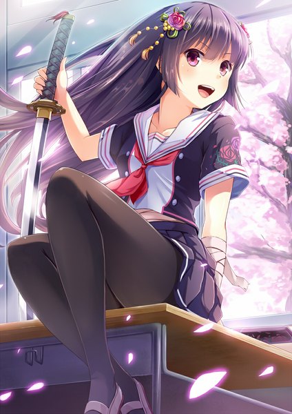Anime picture 800x1131 with original noe noel single long hair tall image blush open mouth sitting purple eyes purple hair cherry blossoms girl uniform hair ornament weapon plant (plants) petals pantyhose sword tree (trees)