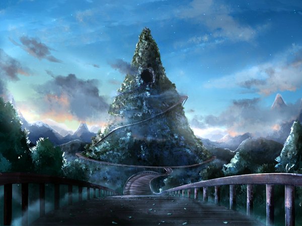 Anime picture 1024x768 with original minamito sky cloud (clouds) mountain no people landscape fog plant (plants) tree (trees) leaf (leaves) star (stars)