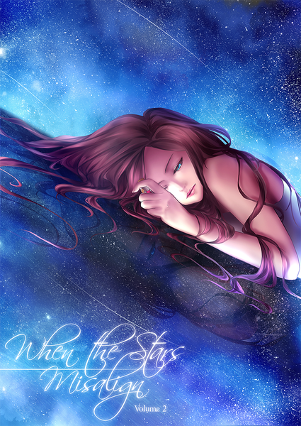 Anime picture 738x1043 with when the stars misalign yuuike single long hair tall image blue eyes brown hair upper body lying night night sky copyright name looking down reflection wavy hair cover girl star (stars) lighter
