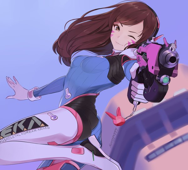 Anime picture 2200x2000 with overwatch blizzard entertainment d.va (overwatch) sunnypoppy single long hair looking at viewer fringe highres breasts smile brown hair brown eyes signed bent knee (knees) one eye closed depth of field text facial mark arched back