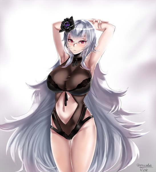 Anime picture 1222x1342 with azur lane graf zeppelin (azur lane) graf zeppelin (beachside urd) (azur lane) paundo2 single tall image looking at viewer blush fringe breasts light erotic simple background hair between eyes red eyes large breasts standing signed payot very long hair parted lips