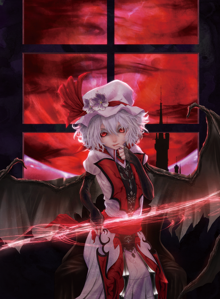 Anime picture 1608x2181 with touhou remilia scarlet bk1964 single tall image looking at viewer short hair red eyes sky white hair long sleeves nail polish lips night alternate costume magic finger to mouth red sky girl dress