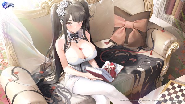 Anime picture 3200x1800 with azur lane peter strasser (azur lane) peter strasser (a moment frozen in pure white) (azur lane) ame (uten cancel) single looking at viewer blush fringe highres breasts light erotic black hair wide image large breasts sitting purple eyes twintails payot cleavage indoors