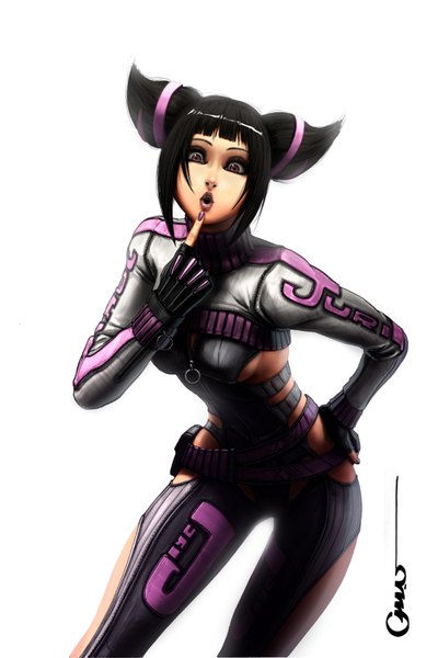 Anime picture 1000x1500 with street fighter han juri omar-dogan single tall image short hair black hair white background nail polish pink eyes lips realistic hand on hip lipstick girl fingerless gloves