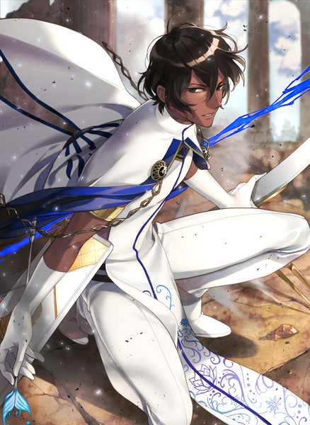 Anime picture 749x1025 with fate (series) fate/grand order arjuna (fate) noes single tall image looking at viewer fringe short hair black hair hair between eyes wind black eyes dark skin squat boy weapon bow (weapon) arrow (arrows)