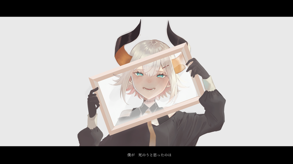 Anime picture 3177x1787 with virtual youtuber nijisanji levi elipha wahaha (shiki) single fringe highres short hair simple background hair between eyes wide image holding upper body white hair aqua eyes grey background text letterboxed demon girl empty picture frame