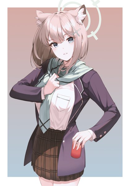 Anime picture 3500x5000 with blue archive shiroko (blue archive) cynd single tall image looking at viewer highres short hair simple background holding animal ears absurdres pleated skirt grey hair grey eyes gradient background border extra ears adjusting clothes girl