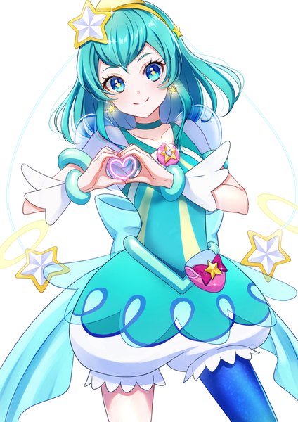 Anime picture 1447x2047 with precure star twinkle precure toei animation hagoromo lala cure milky sakunagita namin (namin1317) single long hair tall image looking at viewer blush fringe blue eyes simple background smile standing white background head tilt aqua hair