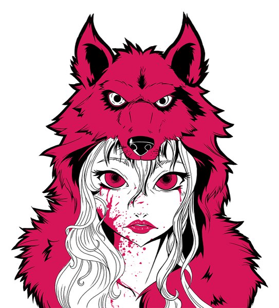 Anime picture 1087x1200 with little red riding hood little red riding hood (character) magna-omega single long hair tall image looking at viewer fringe simple background hair between eyes red eyes lipstick portrait red lipstick blood on face polychromatic high contrast girl blood wolf