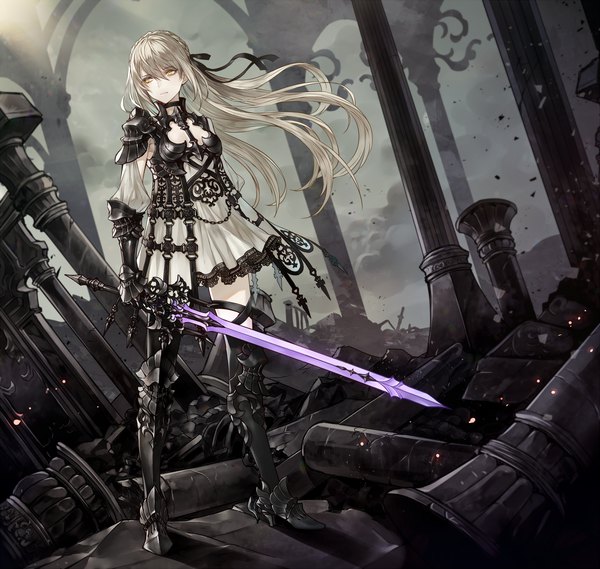 Anime picture 1500x1424 with original senano-yu single long hair fringe blonde hair hair between eyes standing holding yellow eyes looking away full body outdoors braid (braids) wind destruction girl thighhighs ribbon (ribbons) weapon