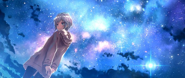 Anime picture 1920x817 with idolmaster idolmaster cinderella girls anastasia (idolmaster) yuuki tatsuya single looking at viewer highres short hair blue eyes wide image silver hair outdoors looking back from behind night from below night sky hands behind back milky way girl