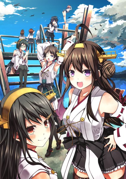 Anime picture 845x1200 with kantai collection hibiki destroyer kongou battleship haruna battleship akatsuki destroyer inazuma destroyer ikazuchi destroyer kirishima battleship hiei battleship i-58 submarine kouji (campus life) long hair tall image looking at viewer blush short hair open mouth light erotic black hair hair between eyes