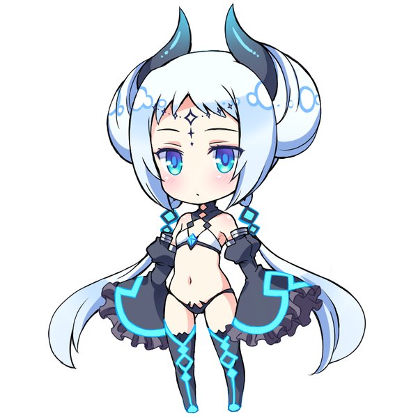 Anime picture 800x800 with tagme (character) shouni (sato3) single blush short hair blue eyes light erotic simple background standing white background full body white hair horn (horns) chibi girl navel detached sleeves