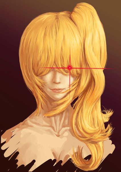 Anime picture 2480x3508 with touhou flandre scarlet feitie (artist) single long hair tall image highres simple background blonde hair smile bare shoulders lips realistic glowing portrait face glowing eye (eyes) hair over eyes girl