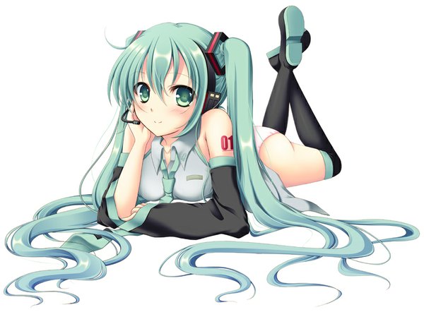 Anime picture 800x590 with vocaloid hatsune miku mizukoshi mayu single blush light erotic simple background smile white background twintails very long hair aqua eyes aqua hair arm support tattoo on stomach girl underwear panties detached sleeves
