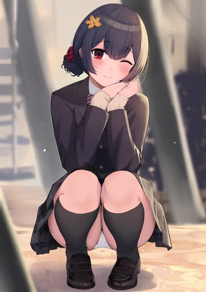 Anime picture 3720x5262 with idolmaster idolmaster shiny colors morino rinze gin00 single tall image looking at viewer blush fringe highres short hair light erotic black hair smile hair between eyes red eyes absurdres full body long sleeves one eye closed