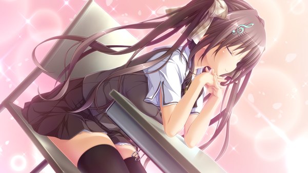 Anime picture 1280x720 with chrono clock andou misaki koku long hair blush brown hair wide image sitting twintails game cg eyes closed girl thighhighs uniform bow black thighhighs hair bow school uniform