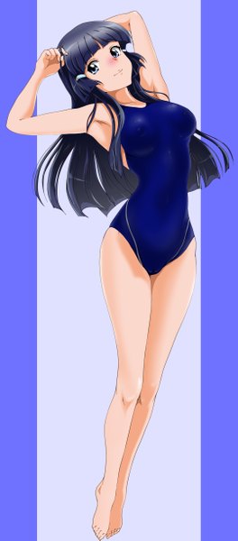 Anime picture 2158x4890 with precure smile precure! toei animation aoki reika nanashi noiji single long hair tall image blush highres blue eyes light erotic black hair smile barefoot girl navel swimsuit one-piece swimsuit school swimsuit